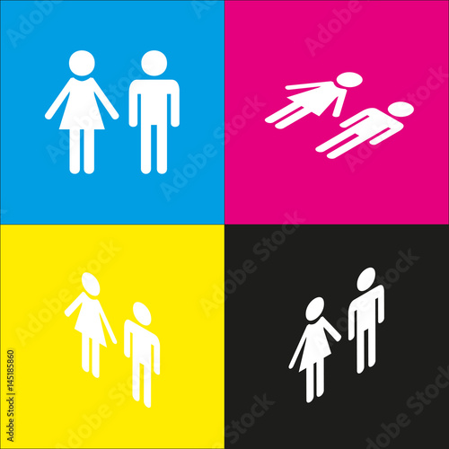 Male and female sign. Vector. White icon with isometric projections on cyan, magenta, yellow and black backgrounds.