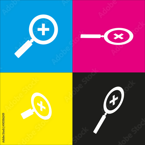 Zoom sign illustration. Vector. White icon with isometric projections on cyan, magenta, yellow and black backgrounds.