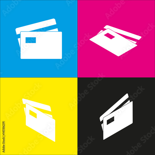 Credit Card sign. Vector. White icon with isometric projections on cyan, magenta, yellow and black backgrounds.