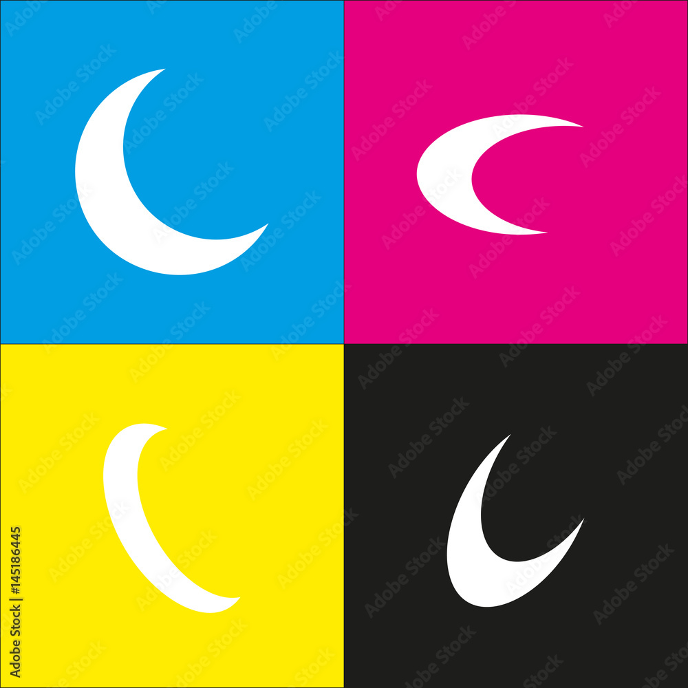 Moon sign illustration. Vector. White icon with isometric projections on cyan, magenta, yellow and black backgrounds. Moon sign illustration. Vector. White icon with isometric projections on cyan, magenta, yellow and black backgrounds.