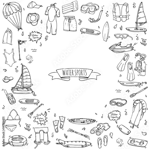 Hand drawn doodle Water sports icons set. Vector illustration, isolated symbols collection, Cartoon various elements: jetski, wakeboard, waterski, surfing, kayak, kitesurfing, paddle, parasailing