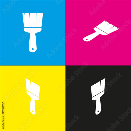 Brush sign illustration. Vector. White icon with isometric projections on cyan, magenta, yellow and black backgrounds.