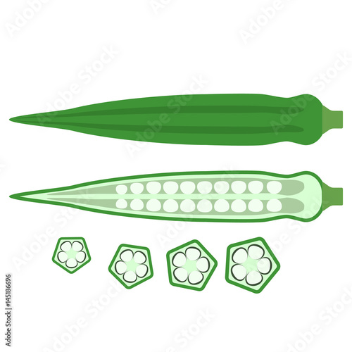 Bamiya or okra edible eastern fresh healthy food pods whole flat lay icons