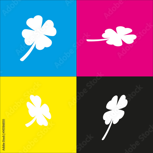 Leaf clover sign. Vector. White icon with isometric projections on cyan, magenta, yellow and black backgrounds.