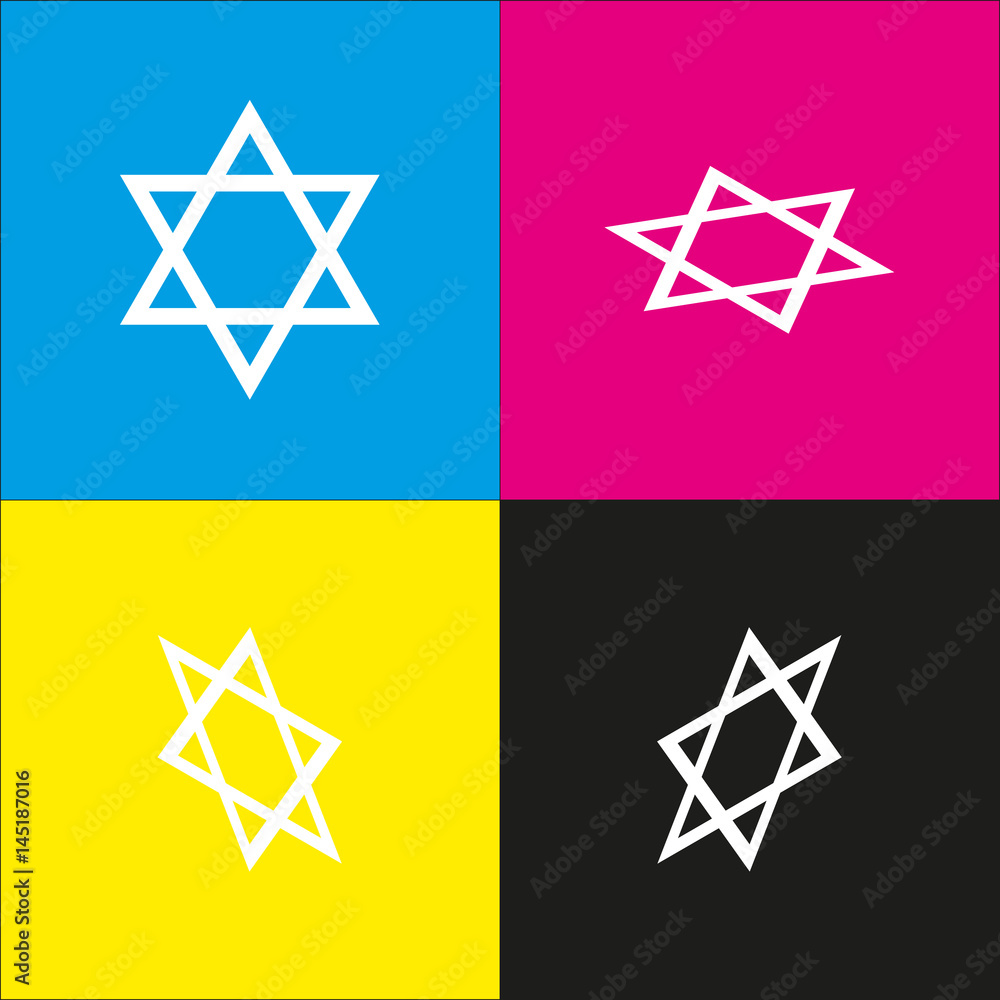Shield Magen David Star. Symbol of Israel. Vector. White icon with isometric projections on cyan, magenta, yellow and black backgrounds. Shield Magen David Star. Symbol of Israel. Vector. White icon with isometric projections on cyan, magenta, yellow and black backgrounds.