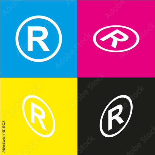 Registered Trademark sign. Vector. White icon with isometric projections on cyan, magenta, yellow and black backgrounds.