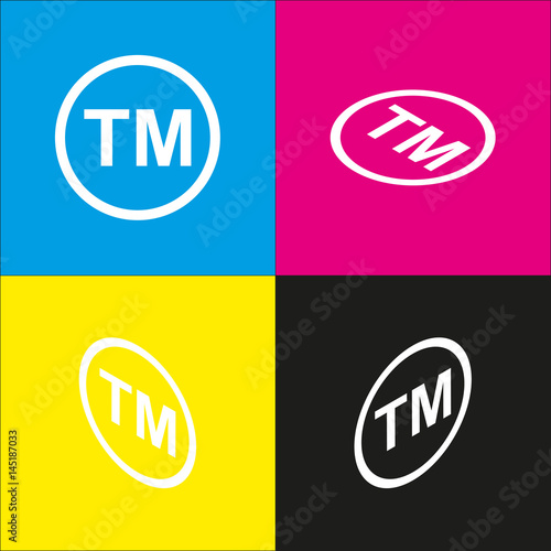 Trade mark sign. Vector. White icon with isometric projections on cyan, magenta, yellow and black backgrounds.