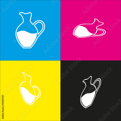 Amphora sign. Vector. White icon with isometric projections on cyan, magenta, yellow and black backgrounds.