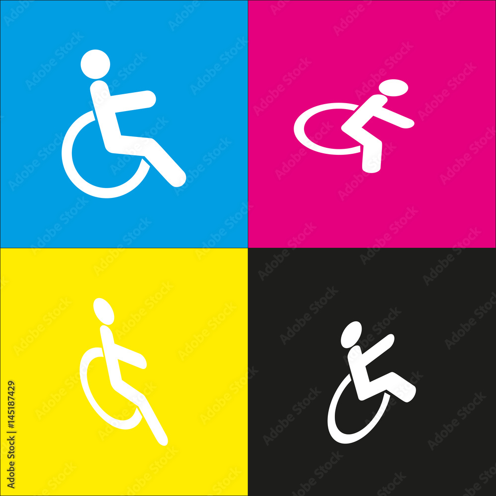 Disabled sign illustration. Vector. White icon with isometric projections on cyan, magenta, yellow and black backgrounds. Disabled sign illustration. Vector. White icon with isometric projections on cyan, magenta, yellow and black backgrounds.