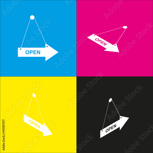 Open sign illustration. Vector. White icon with isometric projections on cyan, magenta, yellow and black backgrounds.