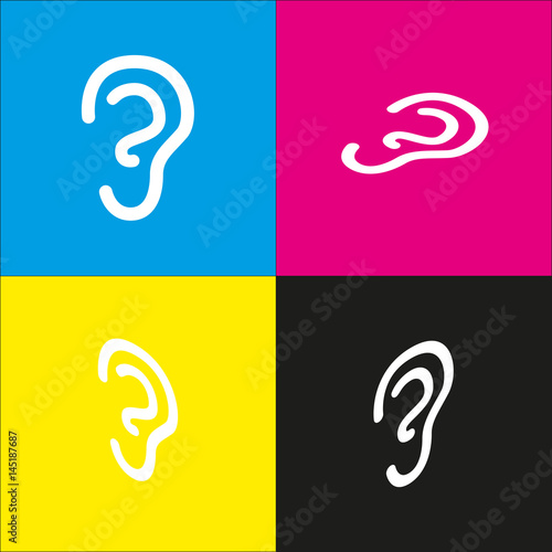 Human anatomy. Ear sign. Vector. White icon with isometric projections on cyan, magenta, yellow and black backgrounds.