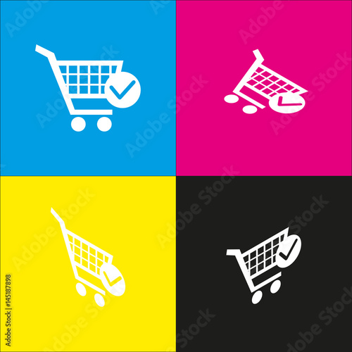 Shopping Cart with Check Mark sign. Vector. White icon with isometric projections on cyan, magenta, yellow and black backgrounds.