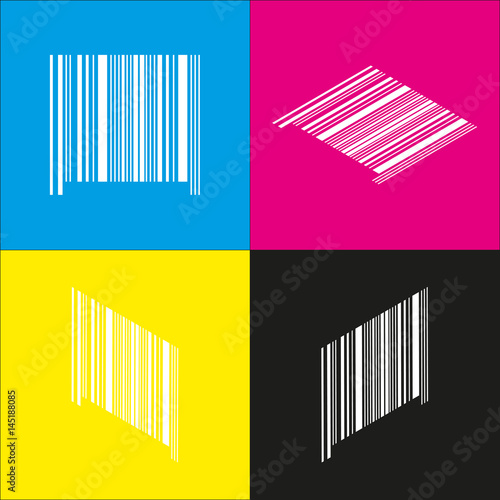 Bar code sign. Vector. White icon with isometric projections on cyan, magenta, yellow and black backgrounds.