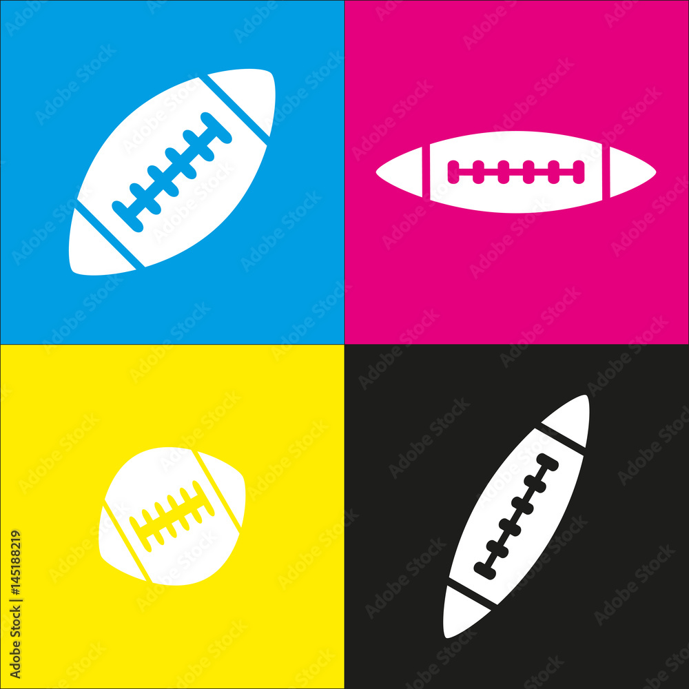 American simple football ball. Vector. White icon with isometric projections on cyan, magenta, yellow and black backgrounds.
