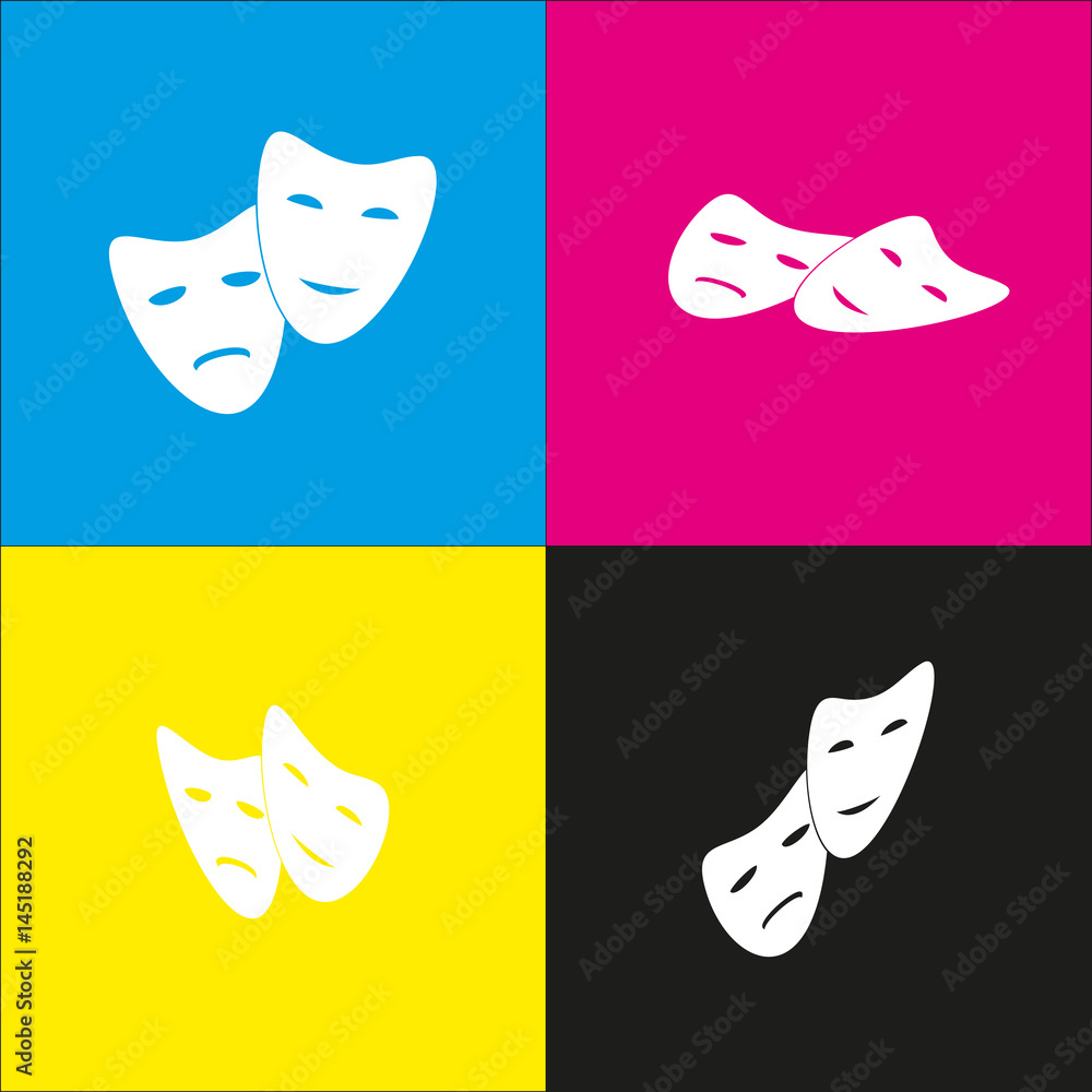 Theater icon with happy and sad masks. Vector. White icon with isometric projections on cyan, magenta, yellow and black backgrounds. Theater icon with happy and sad masks. Vector. White icon with isometric projections on cyan, magenta, yellow and black backgrounds.
