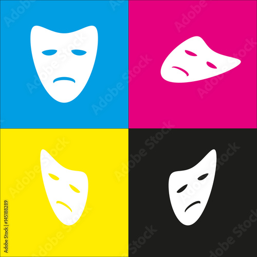 Tragedy theatrical masks. Vector. White icon with isometric projections on cyan, magenta, yellow and black backgrounds.