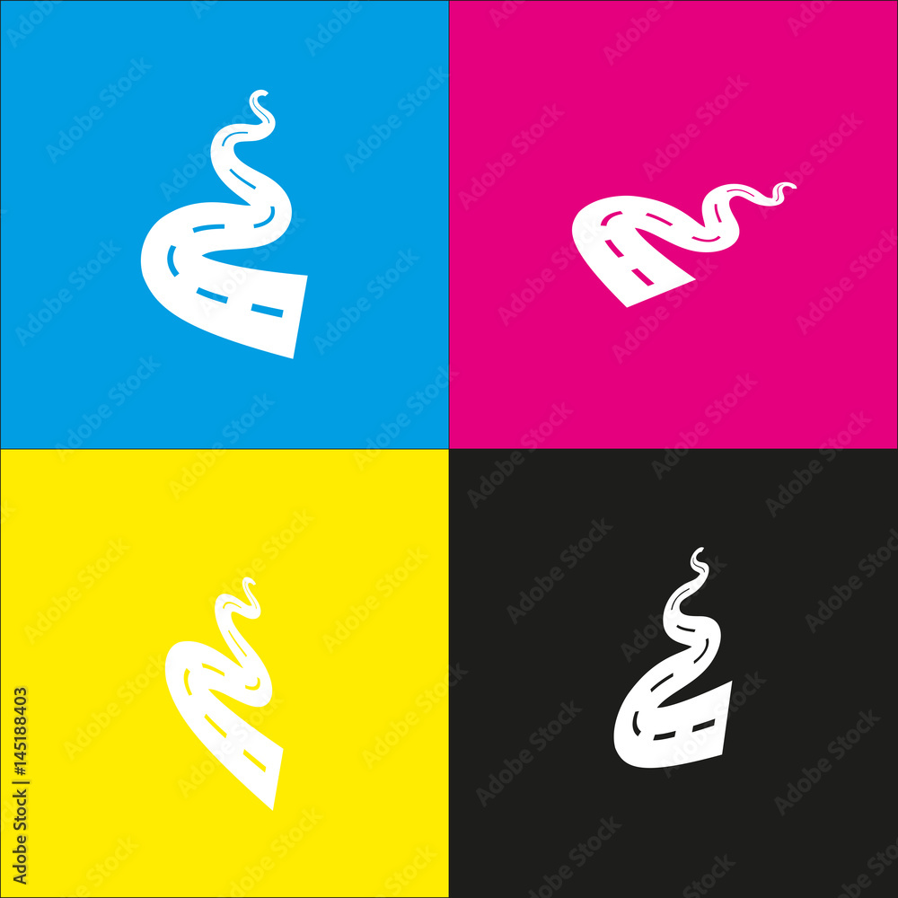 Road simple sign. Vector. White icon with isometric projections on cyan, magenta, yellow and black backgrounds. Road simple sign. Vector. White icon with isometric projections on cyan, magenta, yellow and black backgrounds.