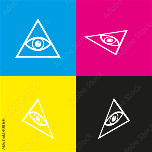 Free Download All seeing eye pyramid symbol. Freemason and spiritual. Vector. White icon with isometric projections on cyan, magenta, yellow and black backgrounds. - GFXLoad