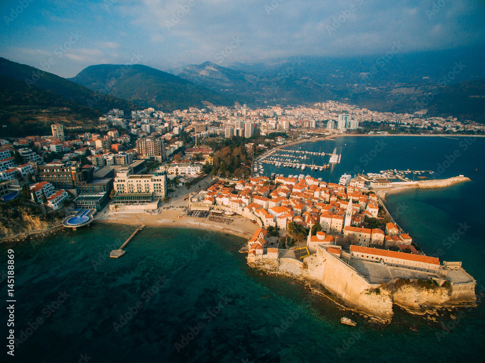 Aerial View of Old town Budva in Montenegro.