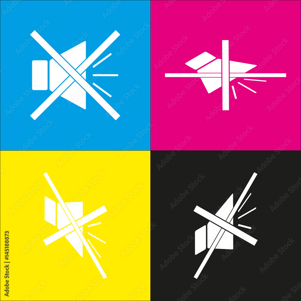 Sound sign illustration with mute mark. Vector. White icon with isometric projections on cyan, magenta, yellow and black backgrounds.