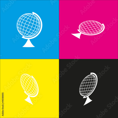 Earth Globe sign. Vector. White icon with isometric projections on cyan, magenta, yellow and black backgrounds.