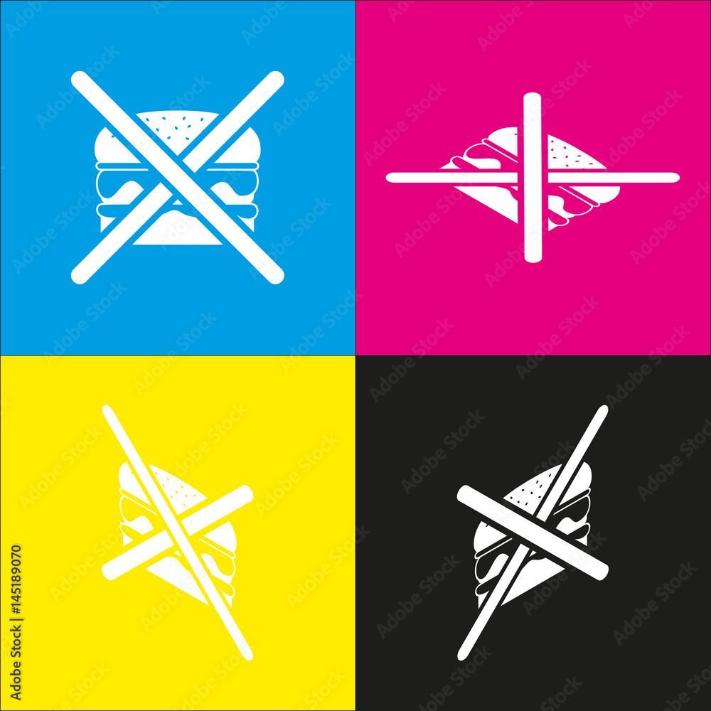 No burger sign. Vector. White icon with isometric projections on cyan, magenta, yellow and black backgrounds.