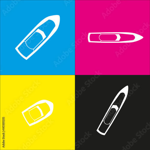 Boat sign. Vector. White icon with isometric projections on cyan, magenta, yellow and black backgrounds.