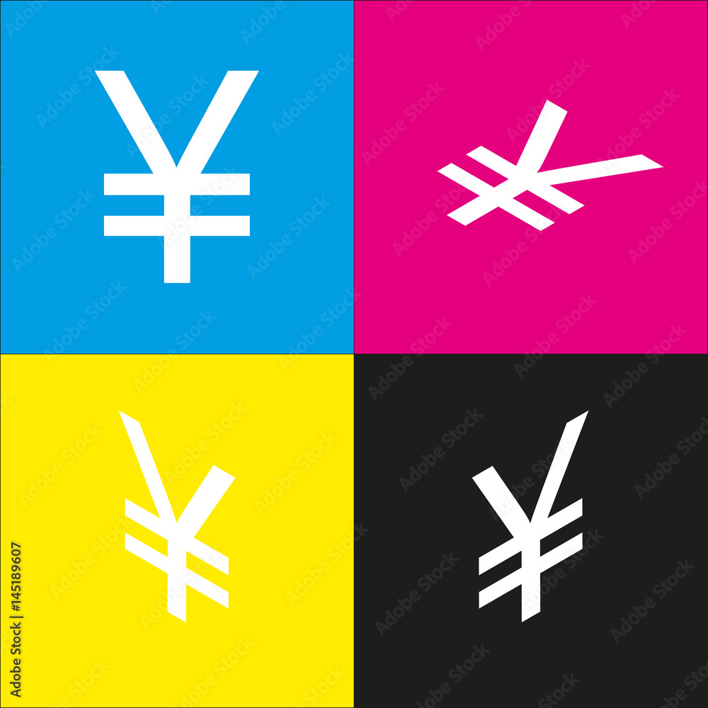 Yen sign. Vector. White icon with isometric projections on cyan, magenta, yellow and black backgrounds. Yen sign. Vector. White icon with isometric projections on cyan, magenta, yellow and black backgrounds.