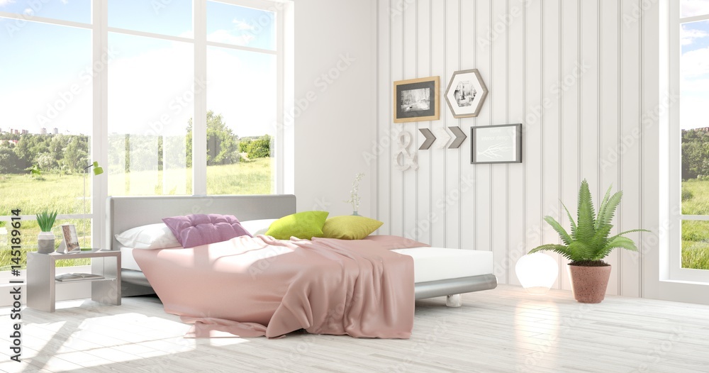 White bedroom with green landscape in window. Scandinavian interior design. 3D illustration White bedroom with green landscape in window. Scandinavian interior design. 3D illustration