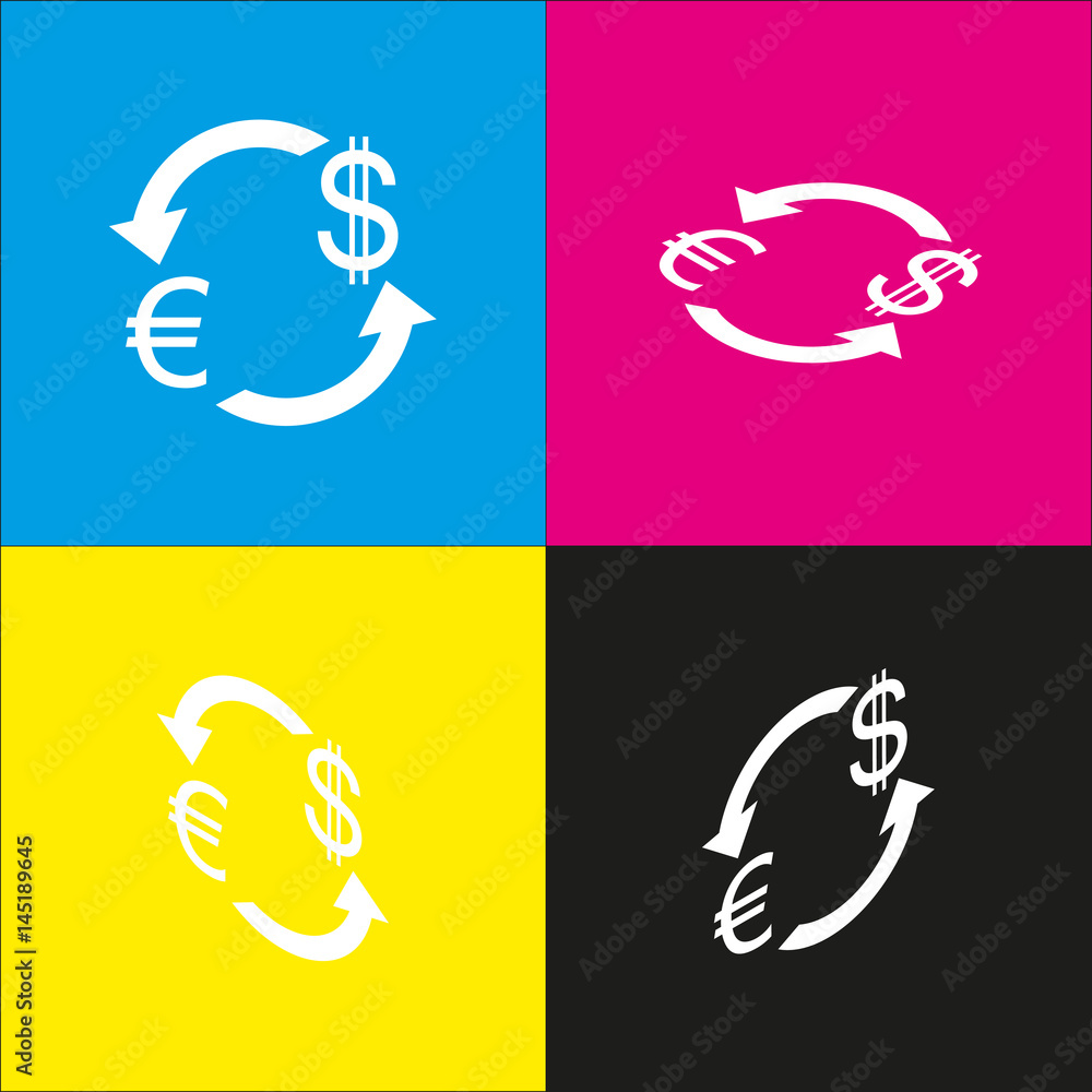 Currency exchange sign. Euro and Dollar. Vector. White icon with isometric projections on cyan, magenta, yellow and black backgrounds.