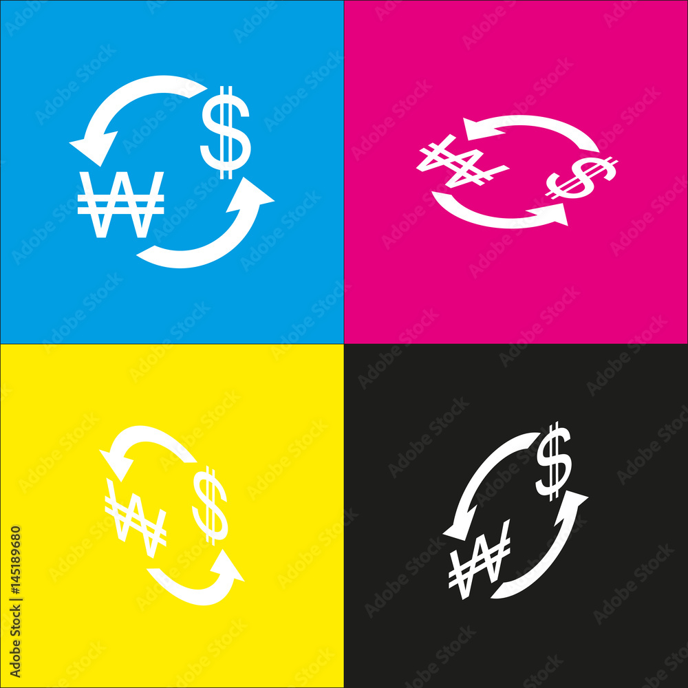 Currency exchange sign. South Korea Won and US Dollar. Vector. White icon with isometric projections on cyan, magenta, yellow and black backgrounds.