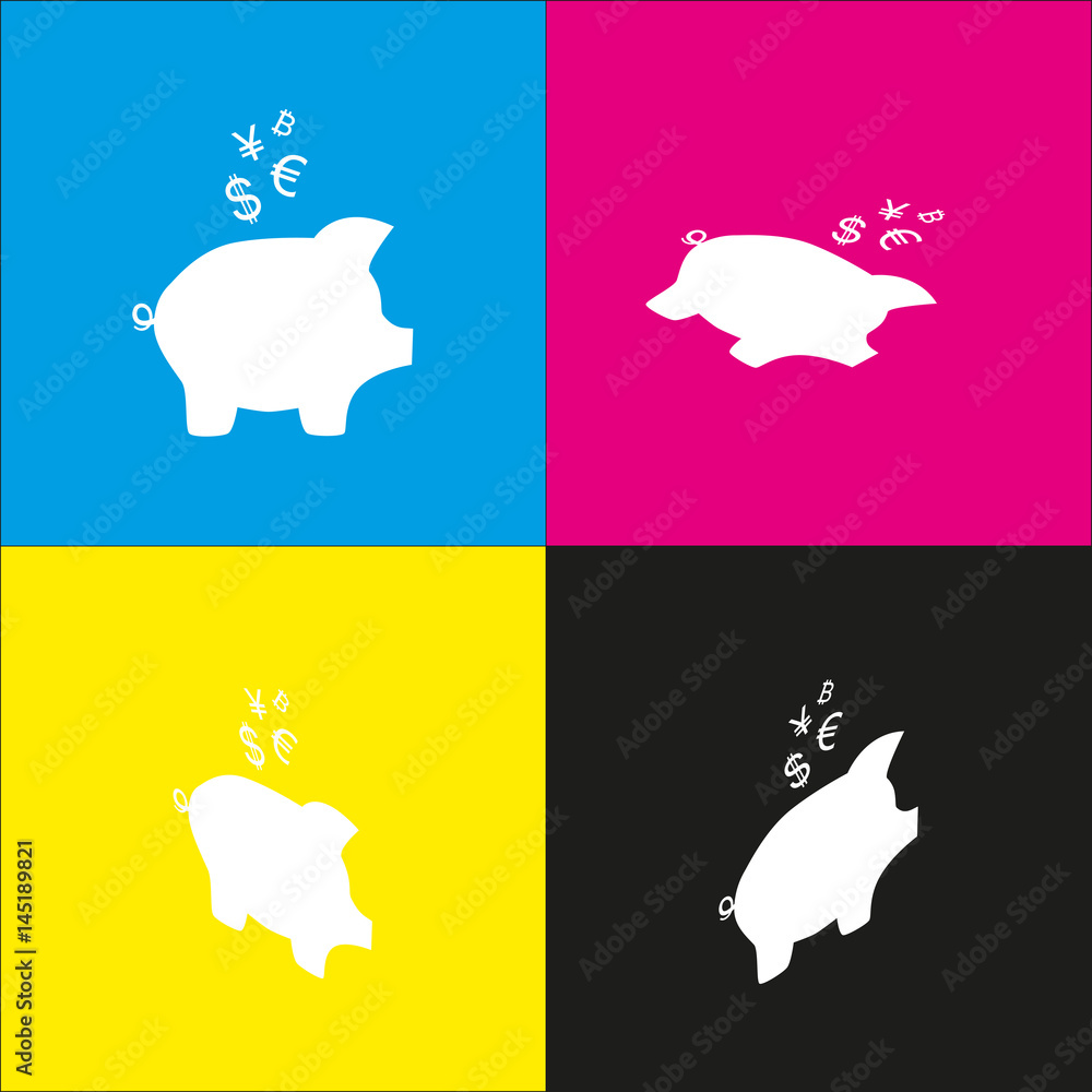 Piggy bank sign with the currencies. Vector. White icon with isometric projections on cyan, magenta, yellow and black backgrounds.