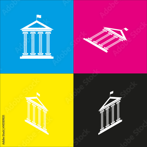Historical building with flag. Vector. White icon with isometric projections on cyan, magenta, yellow and black backgrounds.