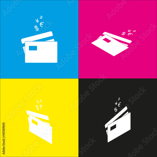 Credit cards sign with currency symbols. Vector. White icon with isometric projections on cyan, magenta, yellow and black backgrounds.