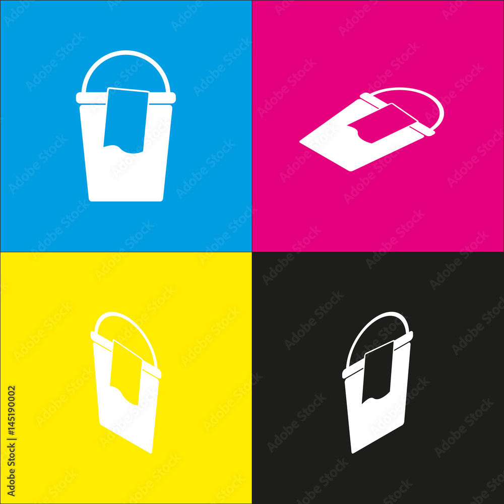 Bucket and a rag sign. Vector. White icon with isometric projections on cyan, magenta, yellow and black backgrounds. Bucket and a rag sign. Vector. White icon with isometric projections on cyan, magenta, yellow and black backgrounds.