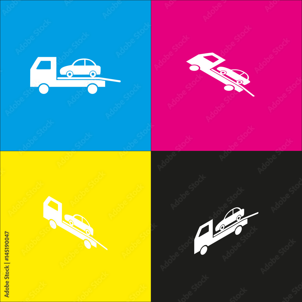 Tow car evacuation sign. Vector. White icon with isometric projections on cyan, magenta, yellow and black backgrounds. Tow car evacuation sign. Vector. White icon with isometric projections on cyan, magenta, yellow and black backgrounds.