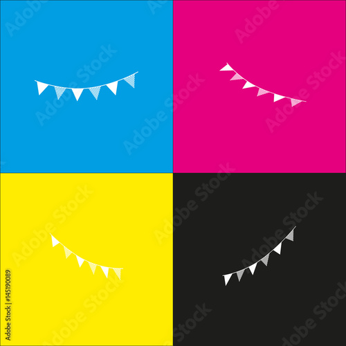 Holiday flags garlands sign. Vector. White icon with isometric projections on cyan, magenta, yellow and black backgrounds.