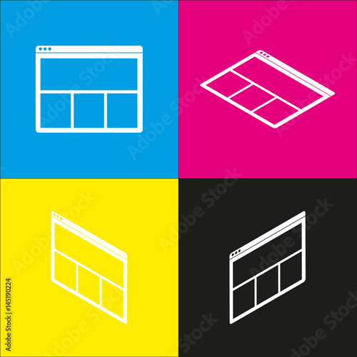 Web window sign. Vector. White icon with isometric projections on cyan, magenta, yellow and black backgrounds.