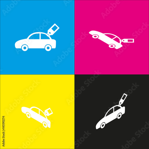 Car sign with tag. Vector. White icon with isometric projections on cyan, magenta, yellow and black backgrounds.