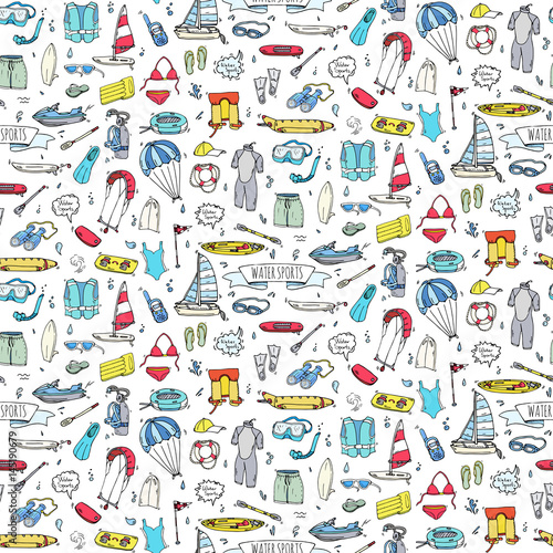 Seamless pattern hand drawn doodle Water sports icon set. Vector illustration Symbols collection Cartoon various elements: jetski, wakeboard, waterski, surfing, kayak, kitesurfing, paddle, parasailing