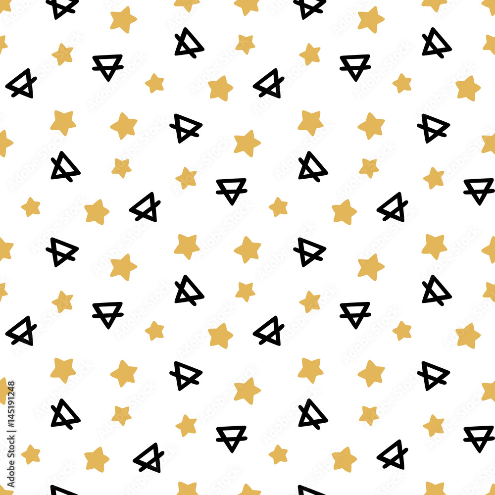 Seamless pattern in memphis style, with geometric elements stars and triangle, on a white background. It can be used for packaging, wrapping paper, textile and etc. Seamless pattern in memphis style, with geometric elements stars and triangle, on a white background. It can be used for packaging, wrapping paper, textile and etc.