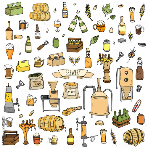 Hand drawn doodle set of Brewery icons. Vector illustration set. Cartoon Craft Beer production symbols. Sketchy brewing elements collection: pub equipment, malt, hop, glass, barrel, mill, beer tap.