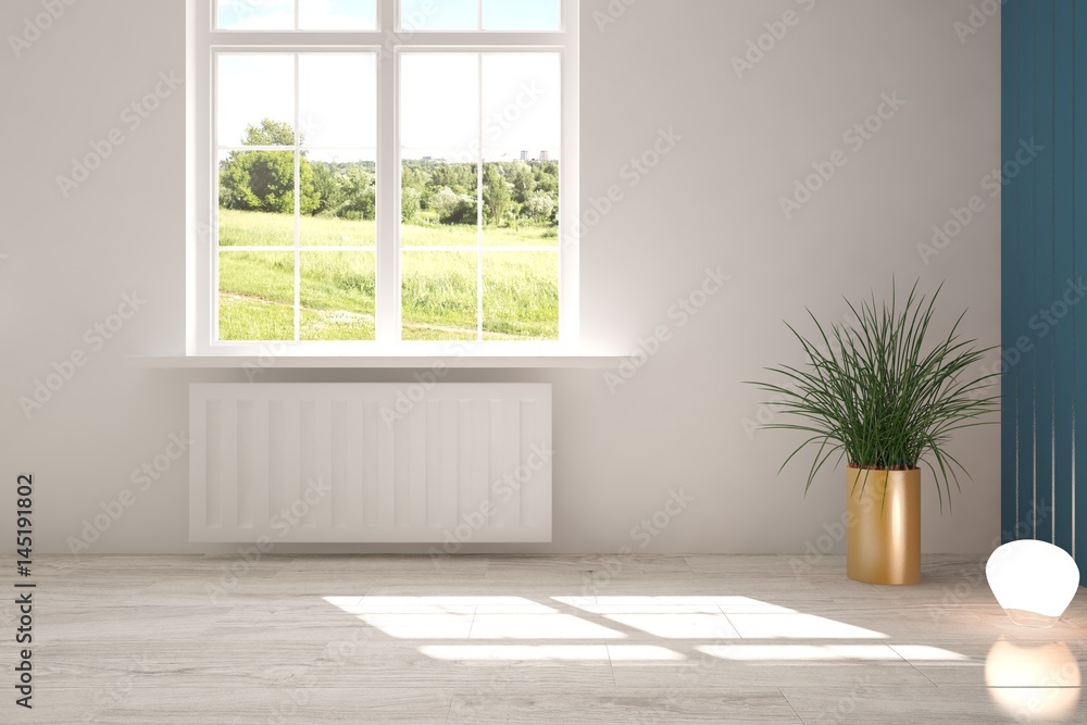 White empty room with green landscape in window. Scandinavian interior design. 3D illustration White empty room with green landscape in window. Scandinavian interior design. 3D illustration