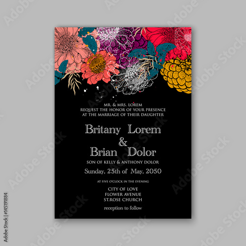 Billede på lærred Wedding invitation with beautiful flowers zinnia chrysanthemum