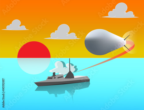 navy ship on the sea shooting missile  at sun set time