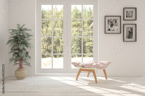 White room with chair and green landscape in window. Scandinavian interior design. 3D illustration © AntonSh