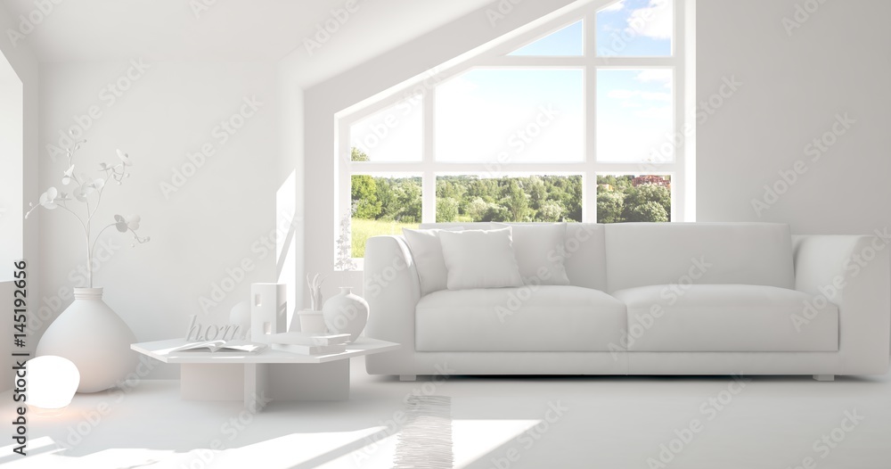 White room with sofa and green landscape in window. Scandinavian interior design. 3D illustration White room with sofa and green landscape in window. Scandinavian interior design. 3D illustration