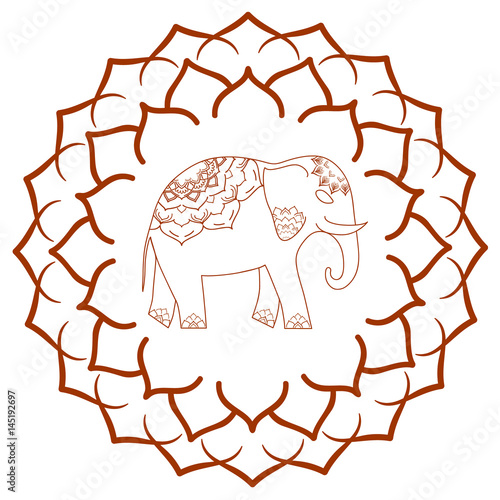 Mandala ornament with elephant. Round template. Decorative element  can be used for greeting card, wedding invitation, yoga poster, coloring book. Doodle emblem.