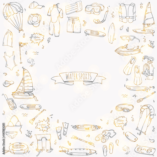 Hand drawn doodle Water sports icons set. Vector illustration, isolated symbols collection, Cartoon various elements: jetski, wakeboard, waterski, surfing, kayak, kitesurfing, paddle, parasailing