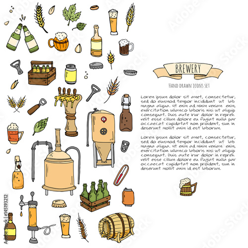 Hand drawn doodle set of Brewery icons. Vector illustration set. Cartoon Craft Beer production symbols. Sketchy brewing elements collection: pub equipment, malt, hop, glass, barrel, mill, beer tap.